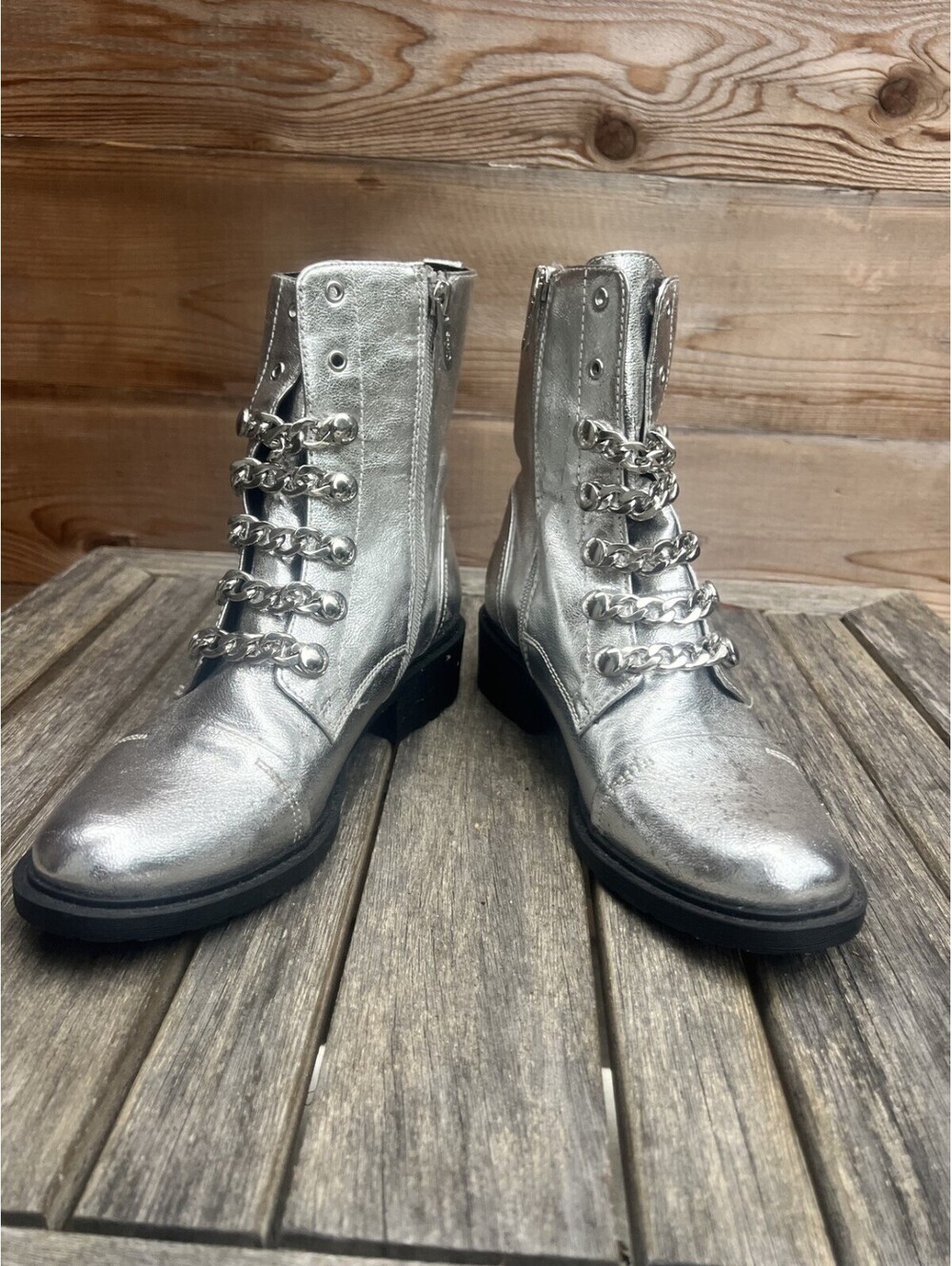 Circus by Sam Edelman Womens 7.5 Silver Metallic Chain Lace Ankle Boots Side Zip